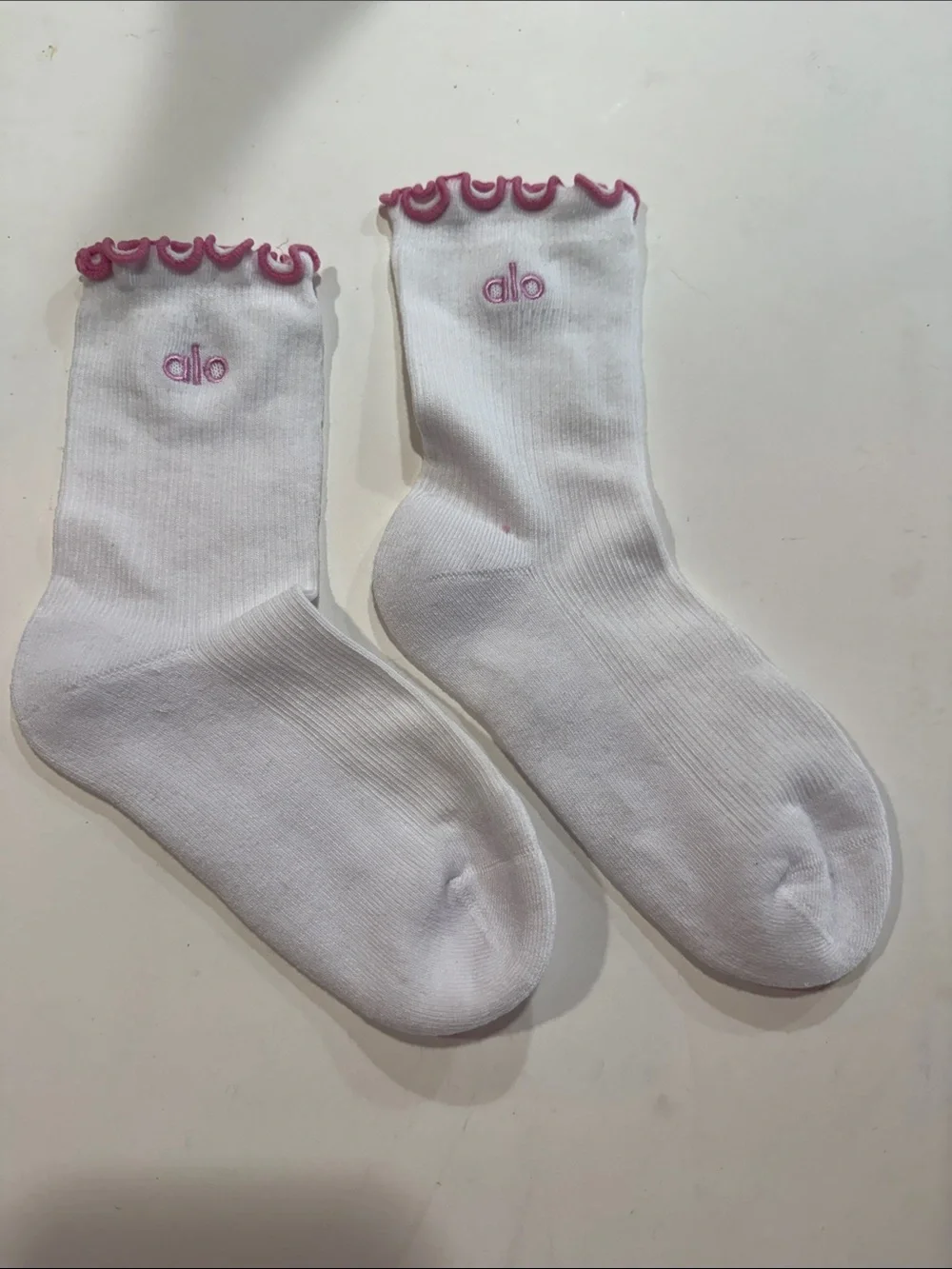 Alo White Socks with Pink Lettuce Edge